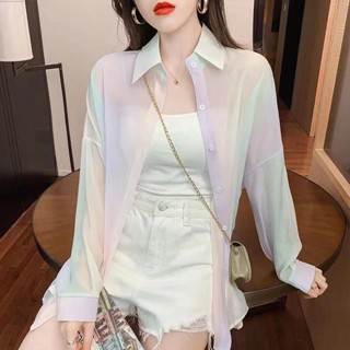 SY雪紡防曬衣POLO領長袖上衣韓版寬鬆薄款外搭上衣時尚超仙彩虹防曬襯衣輕熟風休閒外搭上衣ins潮