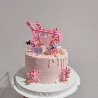 @新品特惠@蛋糕裝飾 生日蛋糕裝飾玩具 迷你粉紅購物車 6個粉紅豹擺件 甜品臺用品佈置