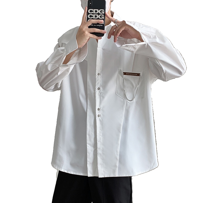cuibuju小眾設計襯衫男長袖寬鬆春秋高級感休閒白襯衫ins潮流