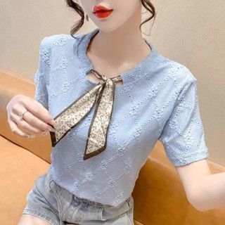 蕾絲短袖t恤女|韓版修身顯瘦蕾絲衫|蝴蝶結減齡設計感襯衫|甜美小清新t恤|甜美風日系穿搭上衣ins潮