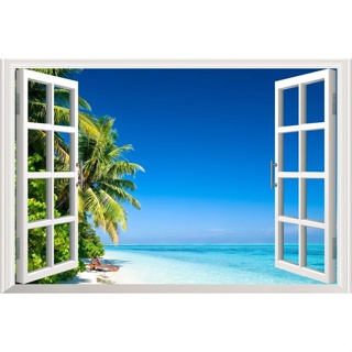 海洋三維窗景貼紙牆藝術乙烯基貼花夏季海灘景觀廚房裝飾壁紙海報圖片