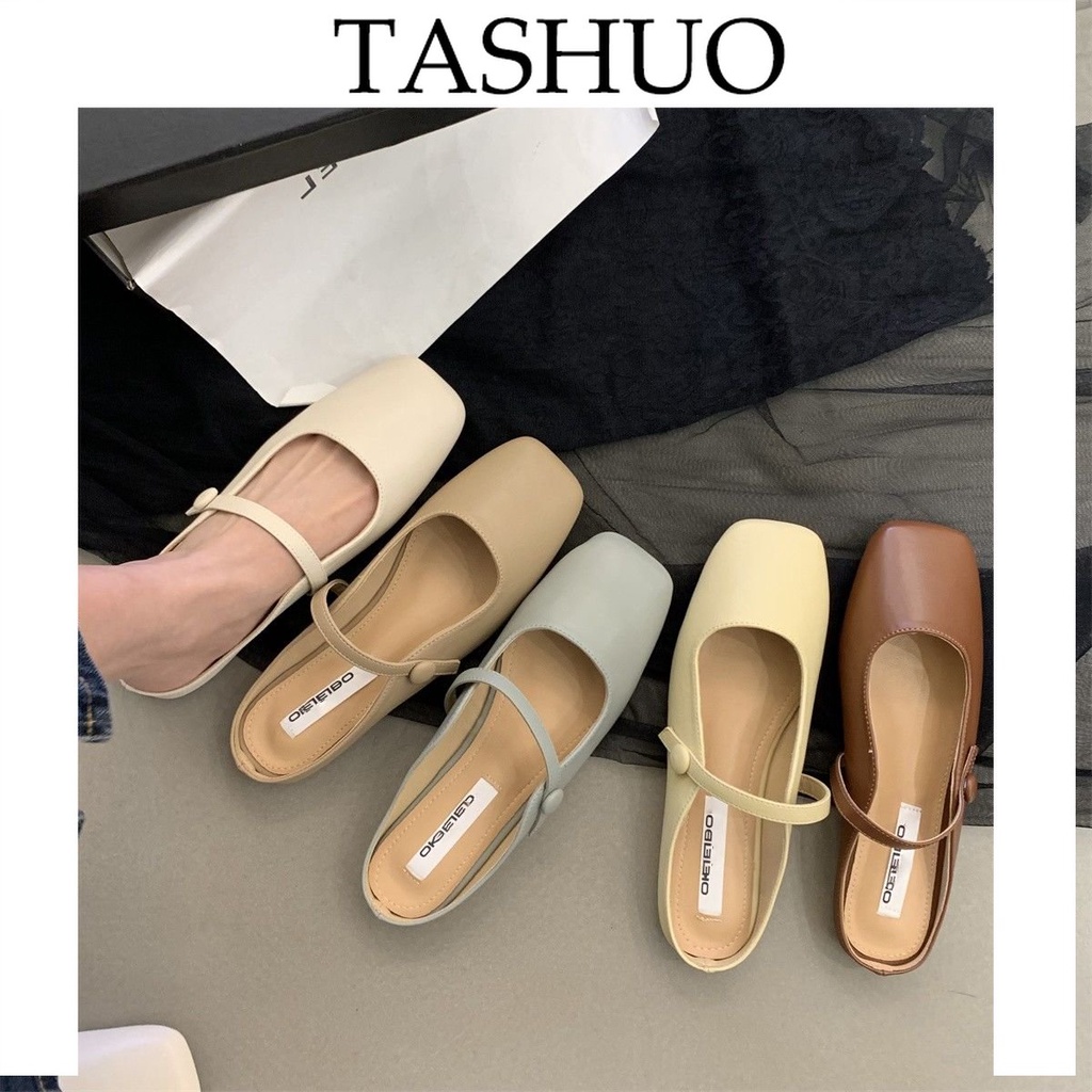 【青檸 現貨速發】 TASHUO 35-43碼 大尺碼女鞋法式包頭半拖鞋女外穿小香風平底鞋41軟底穆勒鞋