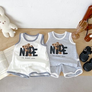 夏季男嬰套裝運動風格小熊圖案背心短褲 2 件嬰兒套裝衣服 0-36 個月