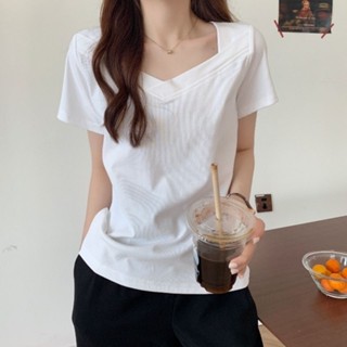 純棉短袖T恤女方口領韓版上衣修身顯瘦設計感小眾T恤時尚百搭小個子體恤白色簡約t恤女