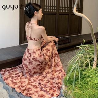 GUYU古瑜 度假洋裝【S-L】2023新款夏季女神氣質露背印花長禮服鬆緊腰及踝洋裝開叉長裙