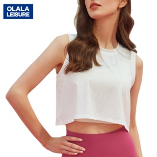 OLALA新款寬鬆無袖透氣戶外跑步t恤運動背心女短版提花瑜伽上衣健身服