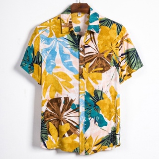 男士短袖襯衫夏威夷熱帶棕櫚葉圖案沙灘襯衫夏季休閒襯衫