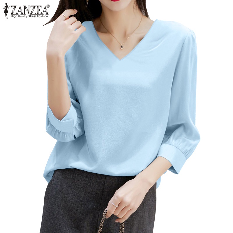 Zanzea 女式韓版通勤時尚 V 領三分袖泡泡袖襯衫