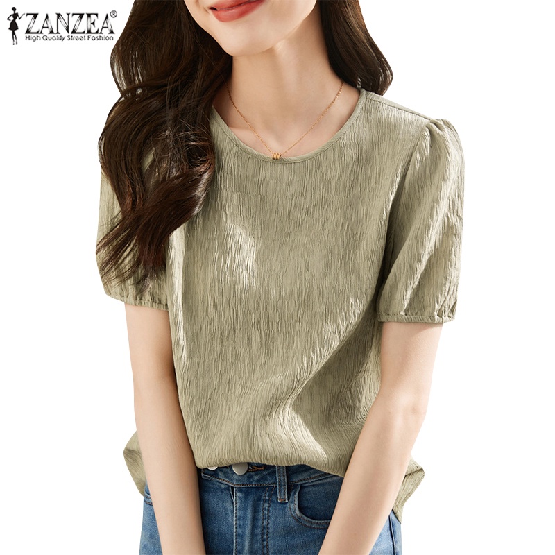 Zanzea 女式韓版休閒短袖圓領純色襯衫
