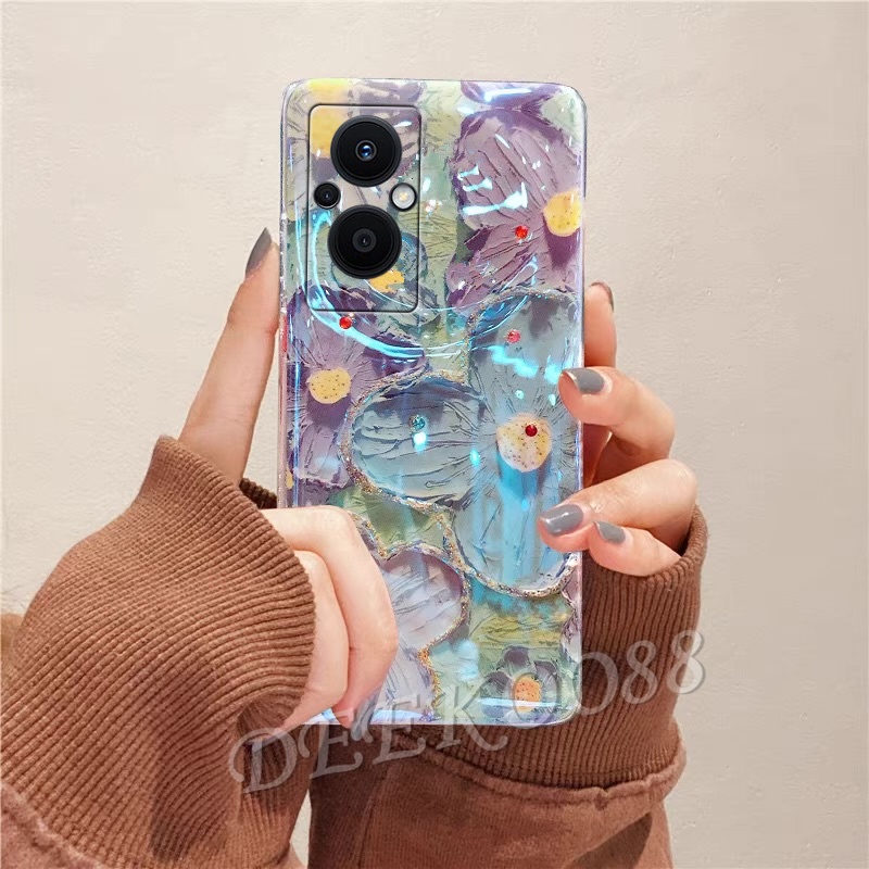 適用於 OPPO Reno 7 7Z Reno6 Z 5G 4G 閃亮閃亮智能手機殼 TPU 柔軟紫色粉紅色花朵手機殼