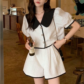 2023新款韓國chic夏季氣質寬鬆泡泡袖短外套+高腰設計寬版短褲女