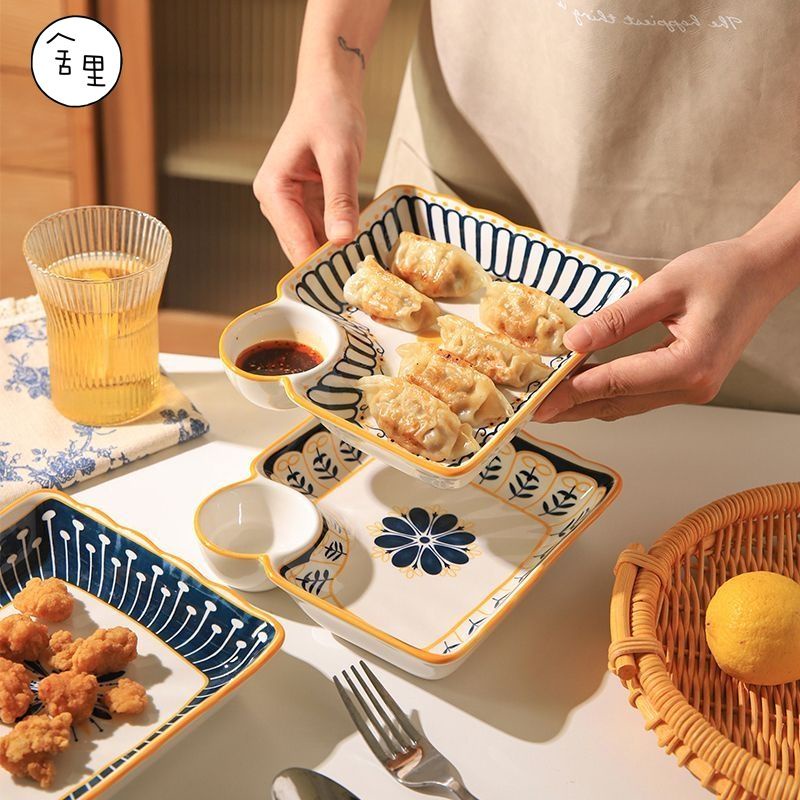 現貨日式陶瓷餃子盤帶醋碟 方形盤子 創意薯條點心盤 傢用水餃專用盤 幹麵盤