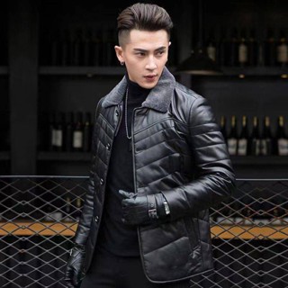 真皮皮衣皮羽絨服男韓版修身翻領綿羊皮夾克男士短款皮草外套 男外套 冬季外套 大衣 防風外套 防寒外套 皮衣外套 真皮外套
