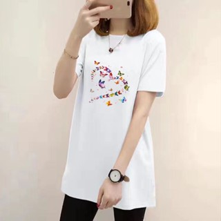 夏季長版T恤女生衣服長版短袖上衣2023新款時尚休閒潮流圓領印花中長款短袖T恤大尺碼女裝中長版上衣 韓版上衣 多色可選