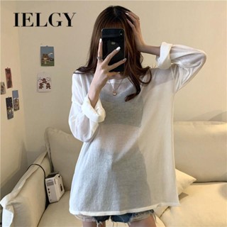 IELGY 薄款長袖白T恤女韓版寬鬆打底衫防曬上衣