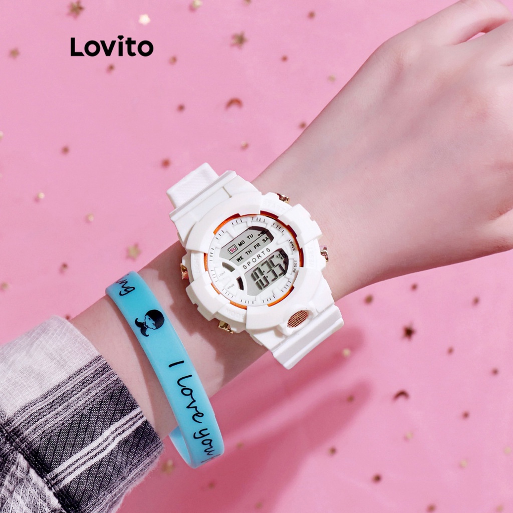 Lovito休閒純色多功能LED燈電子手錶LL4019（綠色/粉紅色/白色/藍色）