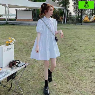 現貨 蝦皮隔日到 女裝 裙子 洋裝 連衣裙 女裝 寬鬆裙子 修身顯瘦夏季法式甜美泡泡袖襯衫連衣裙 韓版寬鬆小個子娃