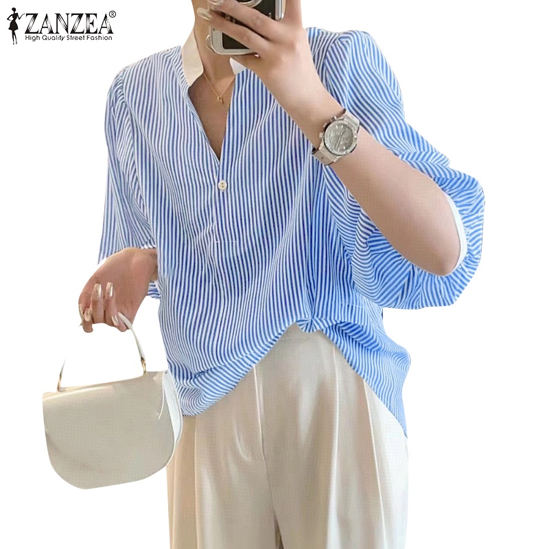 Zanzea 女式韓版拼色領袖條紋寬鬆上衣