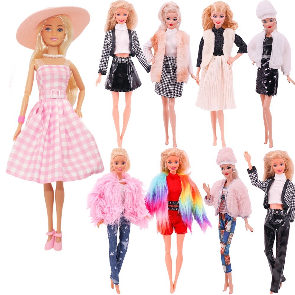 芭比娃娃公主時尚毛絨外套套裝連衣裙芭比娃娃兒童配飾玩具