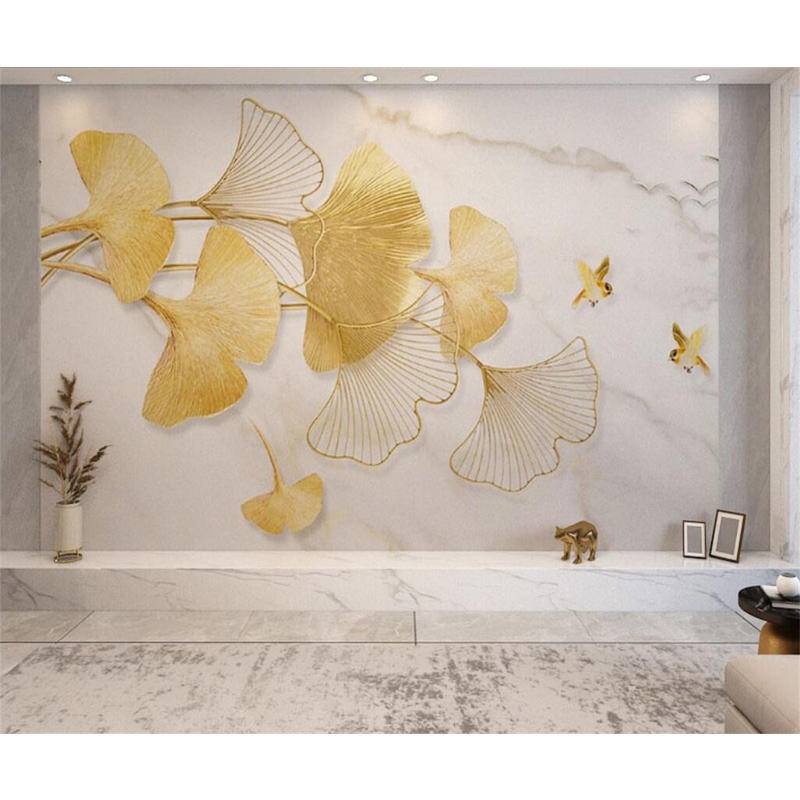 定制壁畫帆布自粘浮雕材料3d金色銀杏葉壁紙家居裝飾客廳臥室3d壁紙貼紙