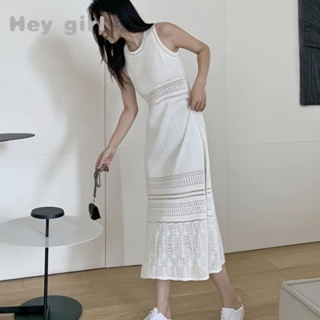 【Hey girl】法式洋裝 白色鏤空新款針織洋裝 曾欲風 高級感 收腰 無袖洋裝 簡約長裙女 夏季 背心洋裝