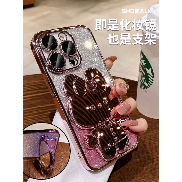 隱形補妝鏡支架 iphone 11 12 13 14 PRO MAX 手機殼 帶鏡頭膜 漸變閃粉 全包防摔網紅 小白鴨