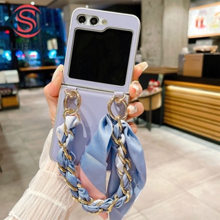SAMSUNG Lushuo 手機殼適用於三星 Galaxy Z Flip 5 時尚皮革外殼帶絲帶手鍊適用於 Z Fli