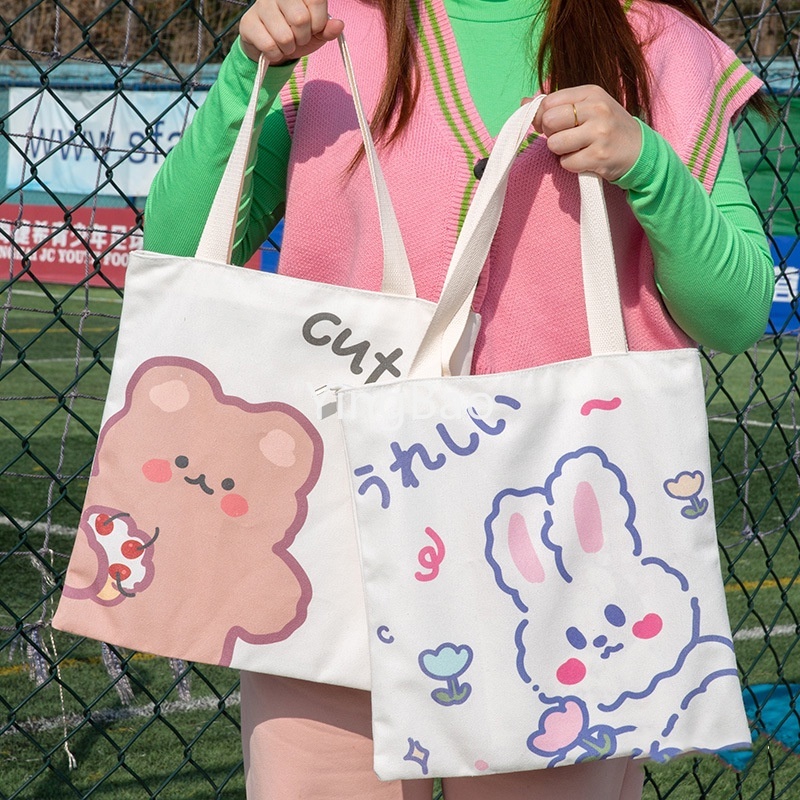 可愛帆布托特包兔子托特包熊包雙面卡通印花極簡購物袋學費包學生包