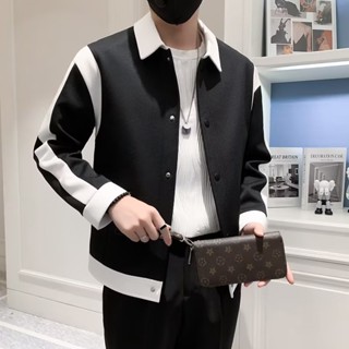 2023春秋新款潮牌男痞帥拼色外套 高階感休閒時尚百搭翻領工裝夾克外套 【S-3XL】 拼接夾克男