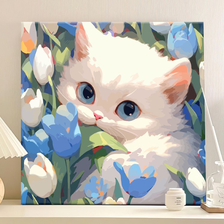 貓咪與藍色鬱金香diy數字油畫20X20cm有框寵物掛畫花卉數字畫小貓填色畫情侶兒童動漫卡通裝飾畫