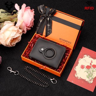 男士錢包 Airtag 牛皮包 RFID 自動卡帶防盜金屬鏈禮物真皮信用卡夾