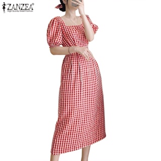 Zanzea 女士韓版日常方領泡泡袖短袖格子修身連衣裙
