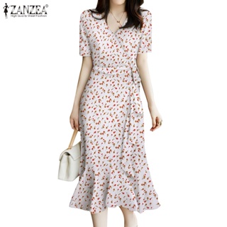 Zanzea 女式韓版時尚 V 領裹身吊帶短袖荷葉邊下裝碎花連衣裙