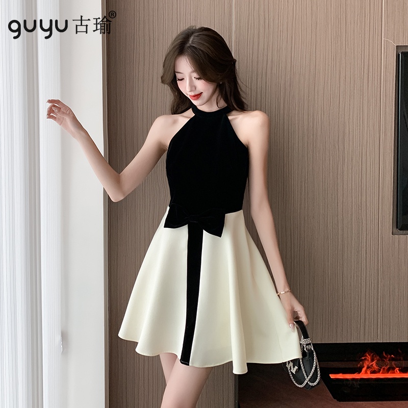 夏天嬌小洋裝女【XS-XL】2023新款高級感黑白撞色無袖削肩洋裝 短版傘裙小禮服