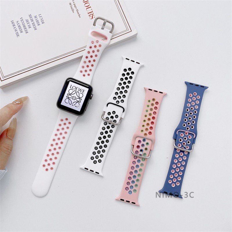 矽膠多孔透氣錶帶 金屬扣款 適用 apple watch 蘋果錶帶 iwatch SE 1-9代通用 nike 耐吉錶帶