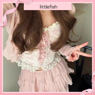 [littlefish]奶系 穿搭 春日 少女粉色 芭蕾風 蓬蓬 蛋糕半身裙+針織小外套+吊帶 三件式 夏季 豪華 出行