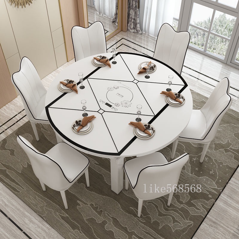 鋼化玻璃實木餐桌椅 現代簡約折疊伸縮方圓兩用 圓桌家用電磁爐飯桌