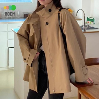 ROEV[氣質女神]韓國chic秋季小眾復古立領插肩袖短版休閒寬鬆素色長袖風衣外套女