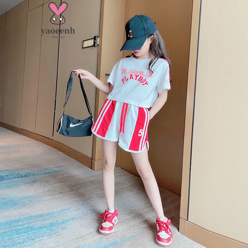 【YAOEENH】110-170CM 韓版女童運動套裝 中大童時尚短袖短褲兩件套 現貨 快速出貨