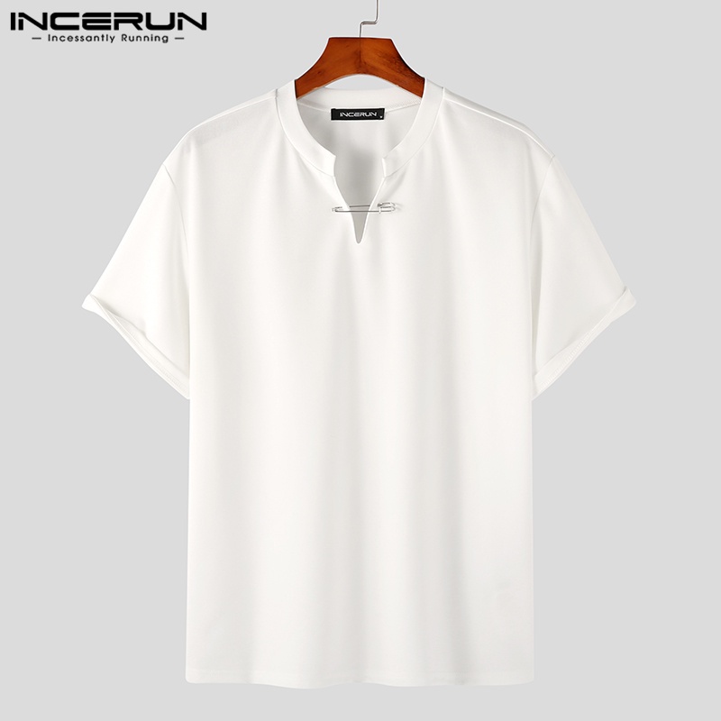 Incerun 領口設計感別針短袖寬鬆上衣 T 恤