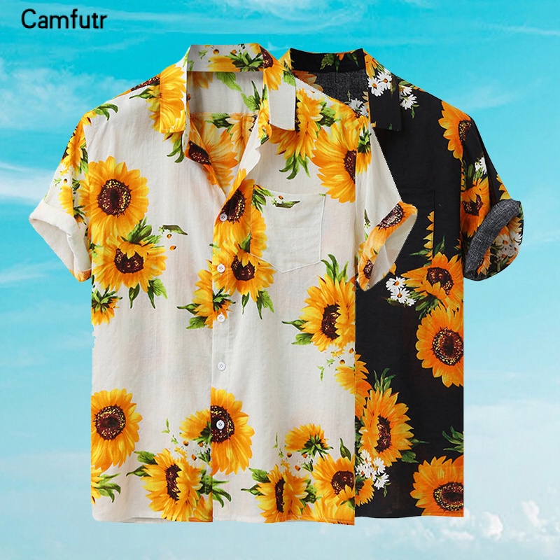 休閒夏季短袖夏威夷印花向日葵男式襯衫
