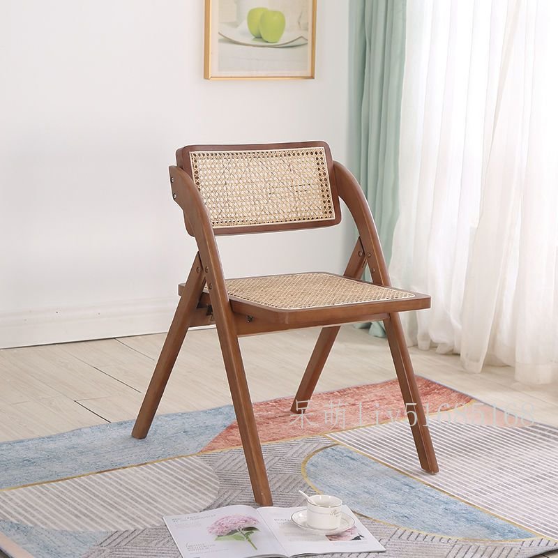 北歐實木復古 藤編椅折疊椅子 家用簡約 靠背餐椅 戶外藤椅 民宿休閑椅
