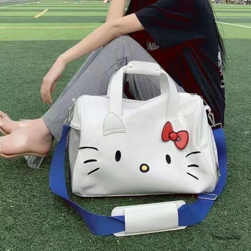 Hello Kitty PU皮防水 短途旅行袋 便攜健身包 斜挎行李袋旅行包 卡通可愛大容量瑜伽包