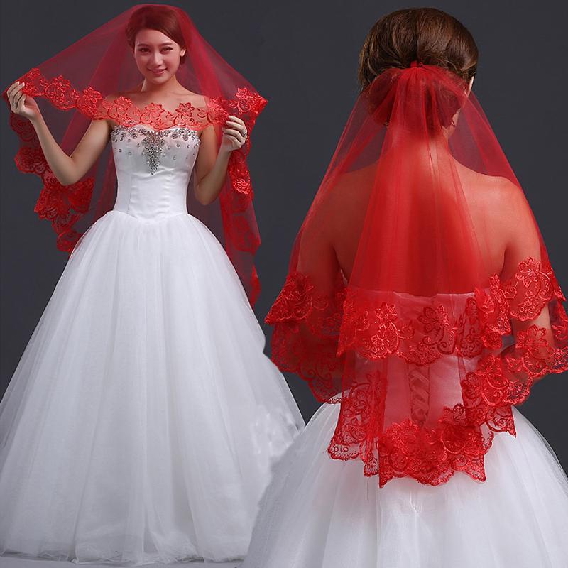 新娘頭紗婚紗紅色頭紗韓式蕾絲紅頭紗紅蓋頭女新娘頭飾婚紗配飾紅色頭飾韓