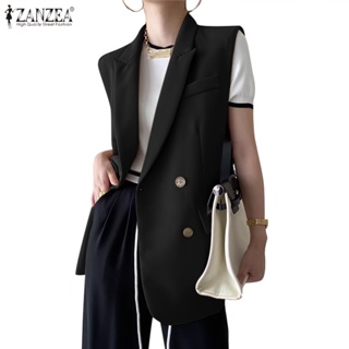 Zanzea 女式韓版時尚無袖翻領鈕扣裝飾口袋翻蓋西裝外套