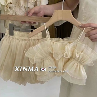 韓國童裝女童時髦套裝2023夏裝兒童洋氣褶皺花邊吊帶上衣花苞短褲