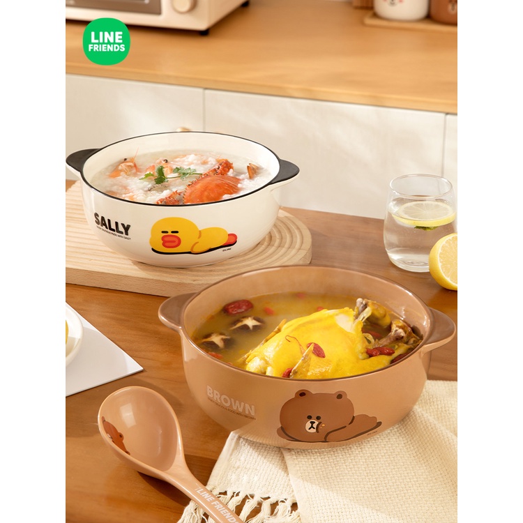 現貨【LINE FRIENDS】 布朗熊大 莎莉 日式 陶瓷 雙耳 湯碗  食具 新款 手柄 大湯 麵碗 沙拉碗