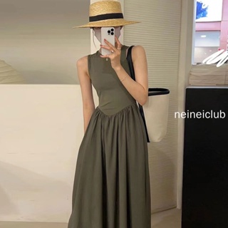 NEINEI 橄欖綠~韓國夏季新款優雅緊身顯瘦拼接大擺無袖背心洋裝大尺碼 版型超好的品質長裙女ins