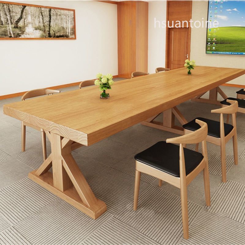 北歐實木會議桌 長桌現代簡約 會議室洽談桌椅組合 大桌子工作台大板