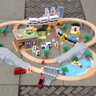兒童木製托馬斯玩具 火車電動軌道拼裝玩具 木質95件積木 交通礦山套裝玩具